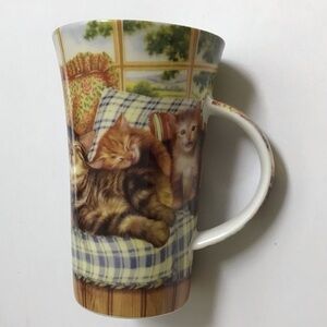 Cats Coffee Mug Porcelain Sleepy Kittens Tea Cup 5 1/2” Tall Designer Cha Cult